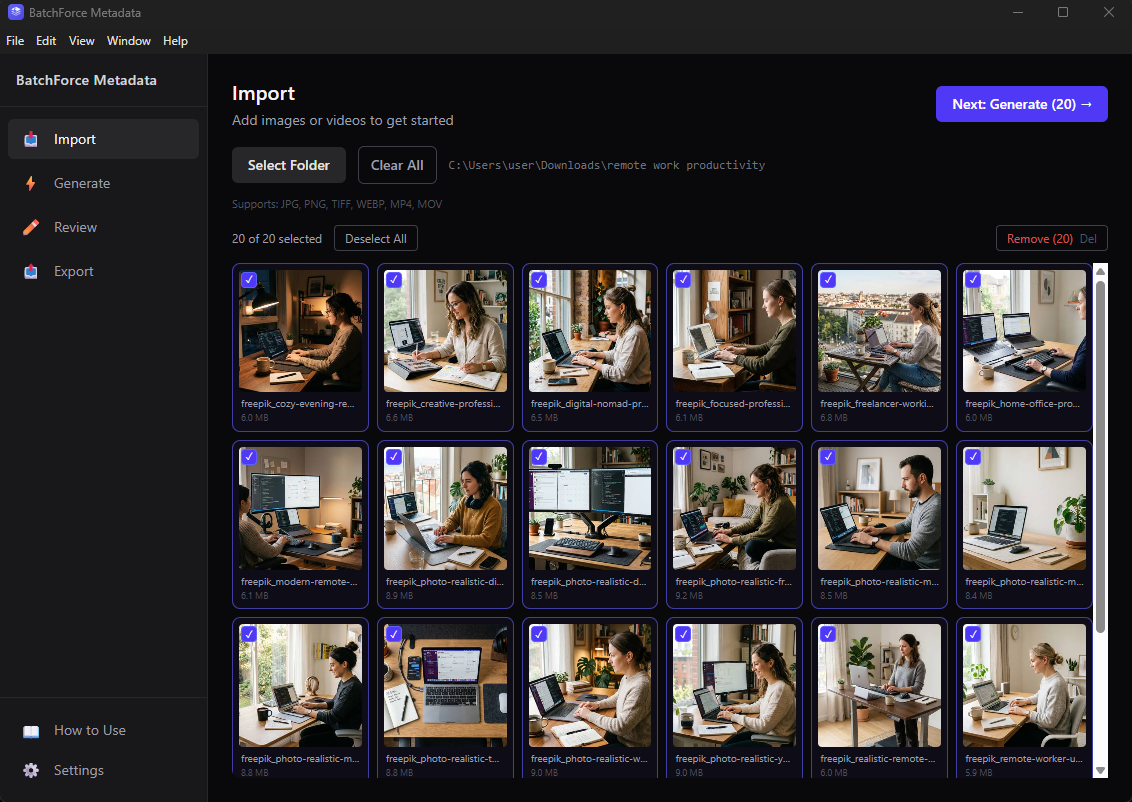 Import tab with 20 files loaded as a thumbnail grid