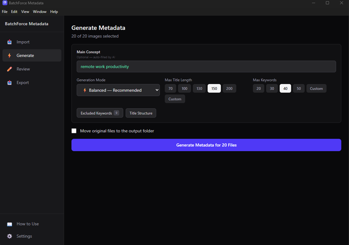 Generate tab with all configuration options visible