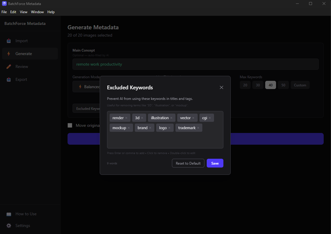 Excluded Keywords dialog with tag chips