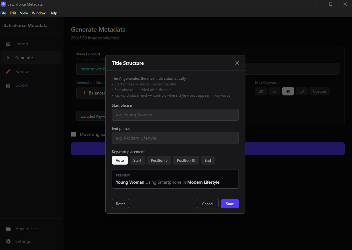 Title Structure dialog with start phrase, end phrase, keyword placement and live preview