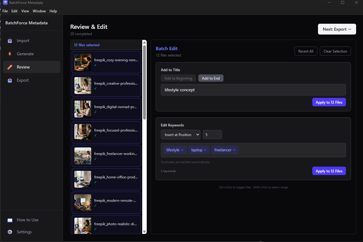 Review tab Batch Edit panel with multi-file selection