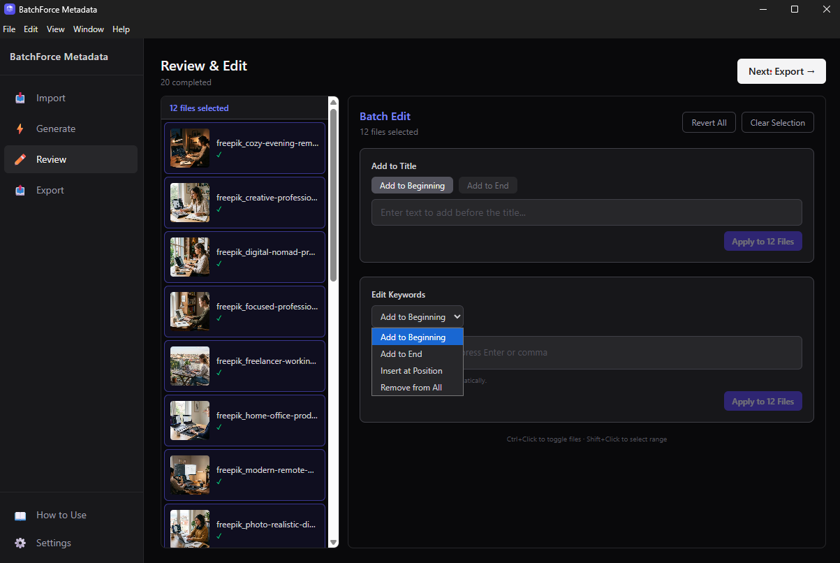 Batch Edit dropdown showing keyword placement options