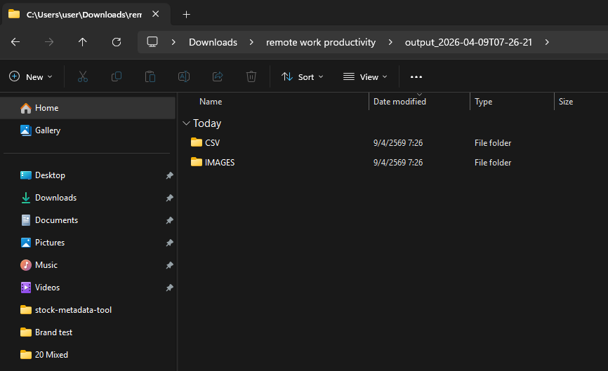File Explorer showing the output folder with CSV and IMAGES subfolders