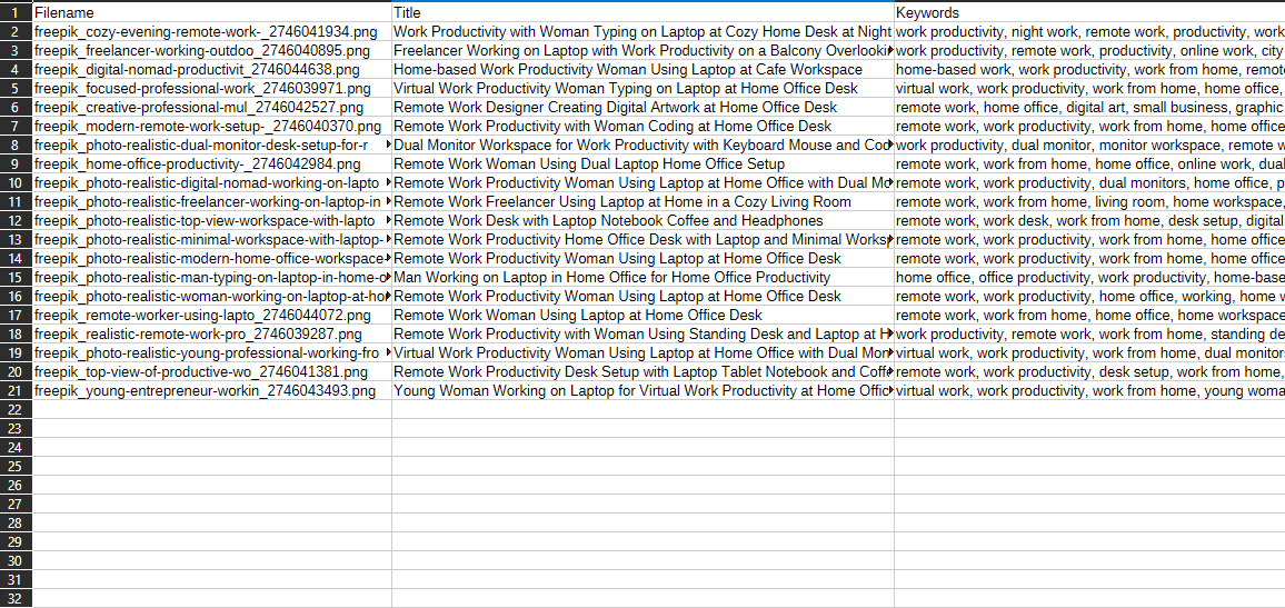 Example CSV opened in a spreadsheet showing rows of metadata