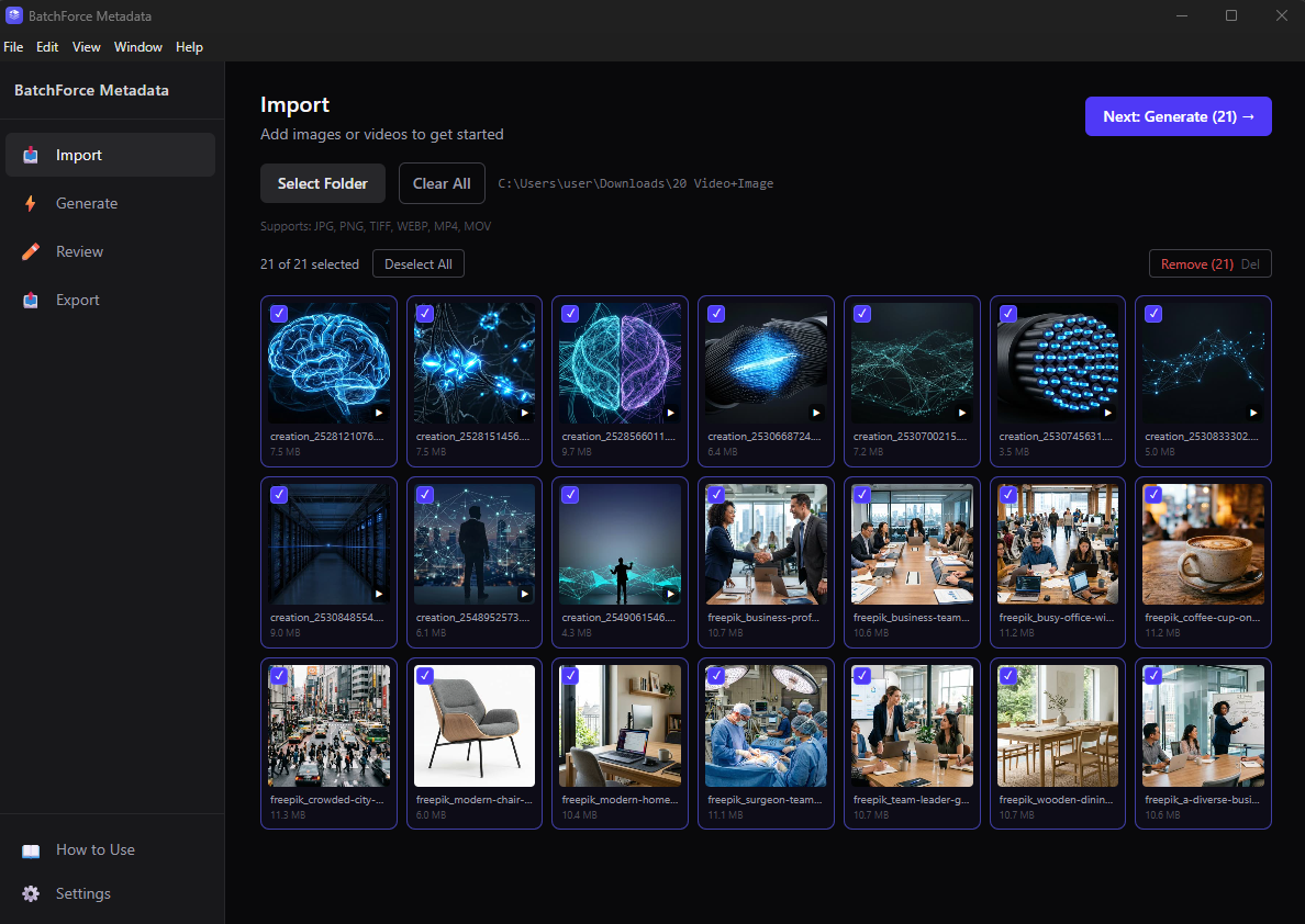 Mixed import with video play-icon overlay