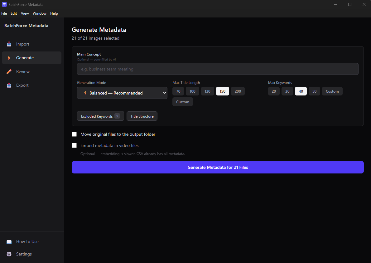 Generate page with Embed metadata in video files toggle