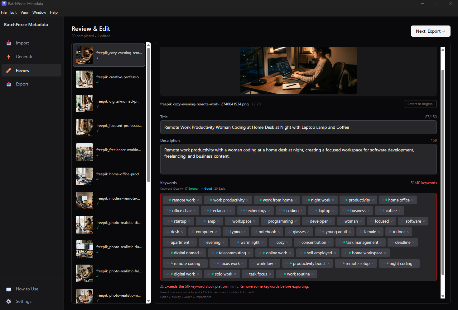 Hard red warning when keyword count exceeds 50