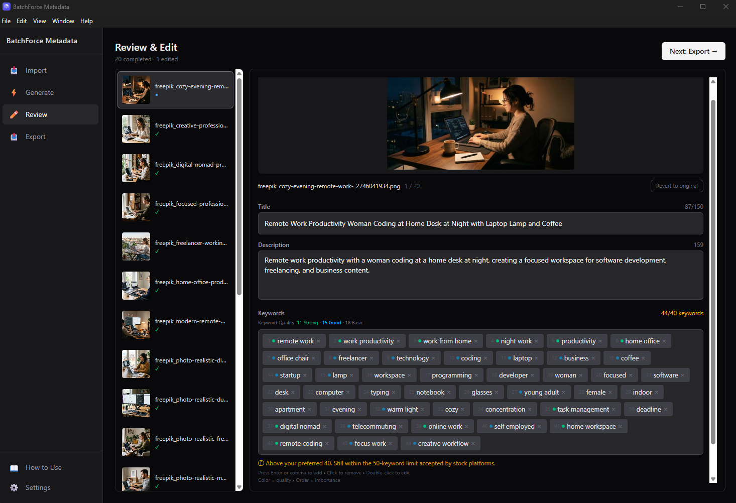 Review tab showing exceeded keyword limit warning