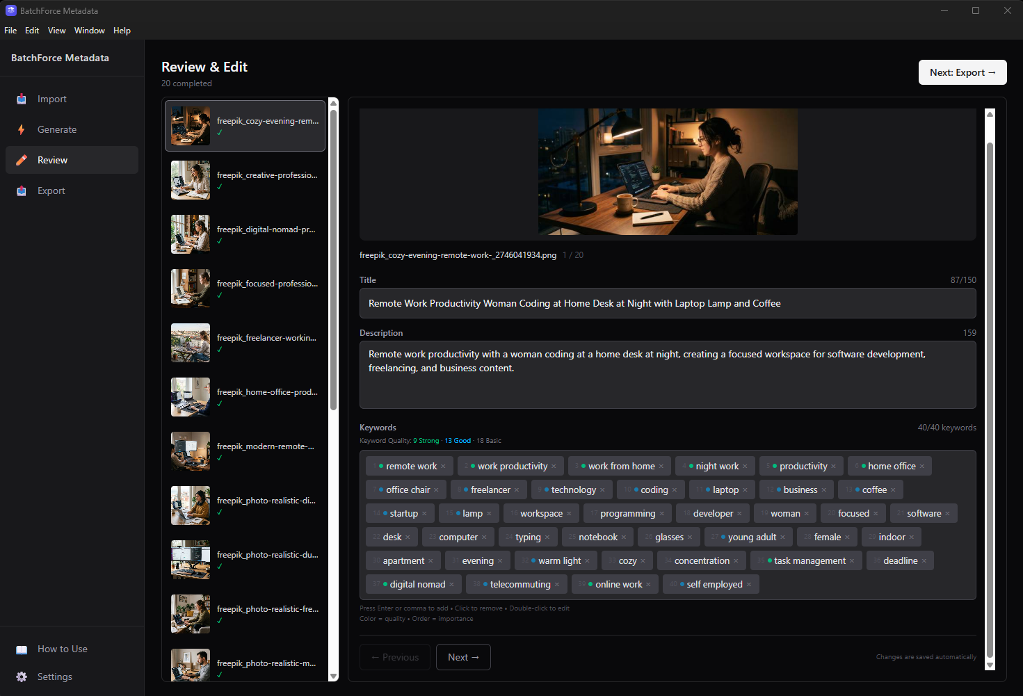 Review tab showing one file with its image preview and editable title, description and keywords