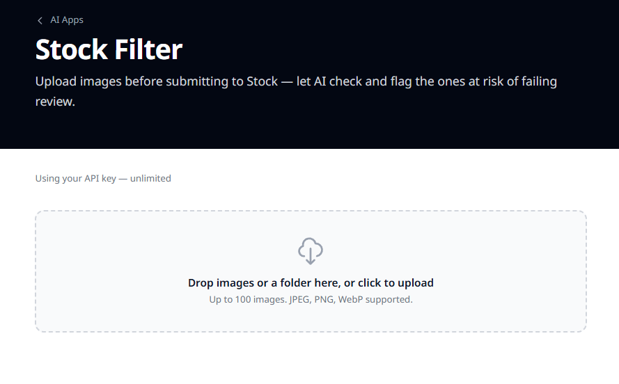 Stock Filter upload zone with quota indicator