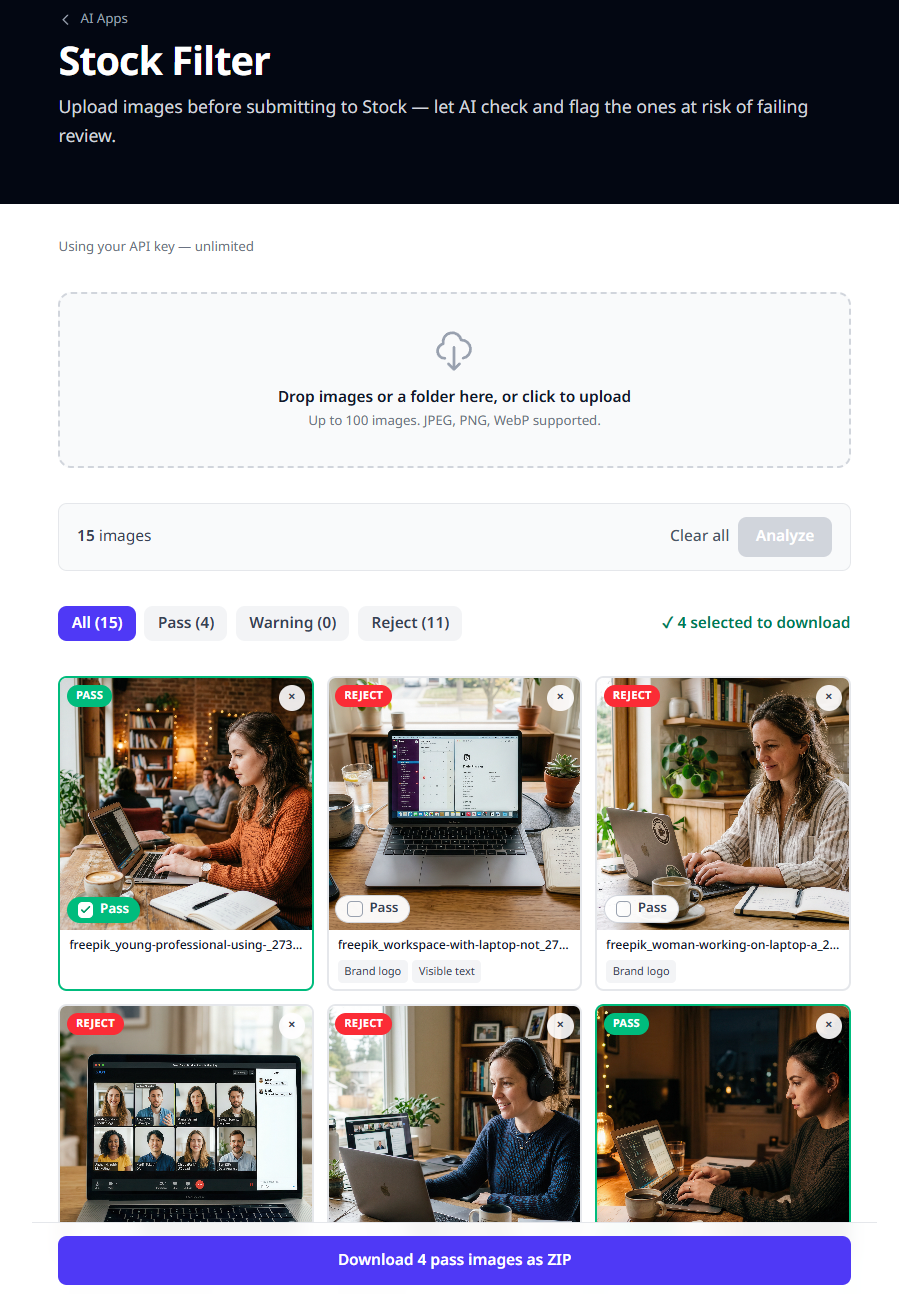 Filtered results with selected count and Download ZIP button