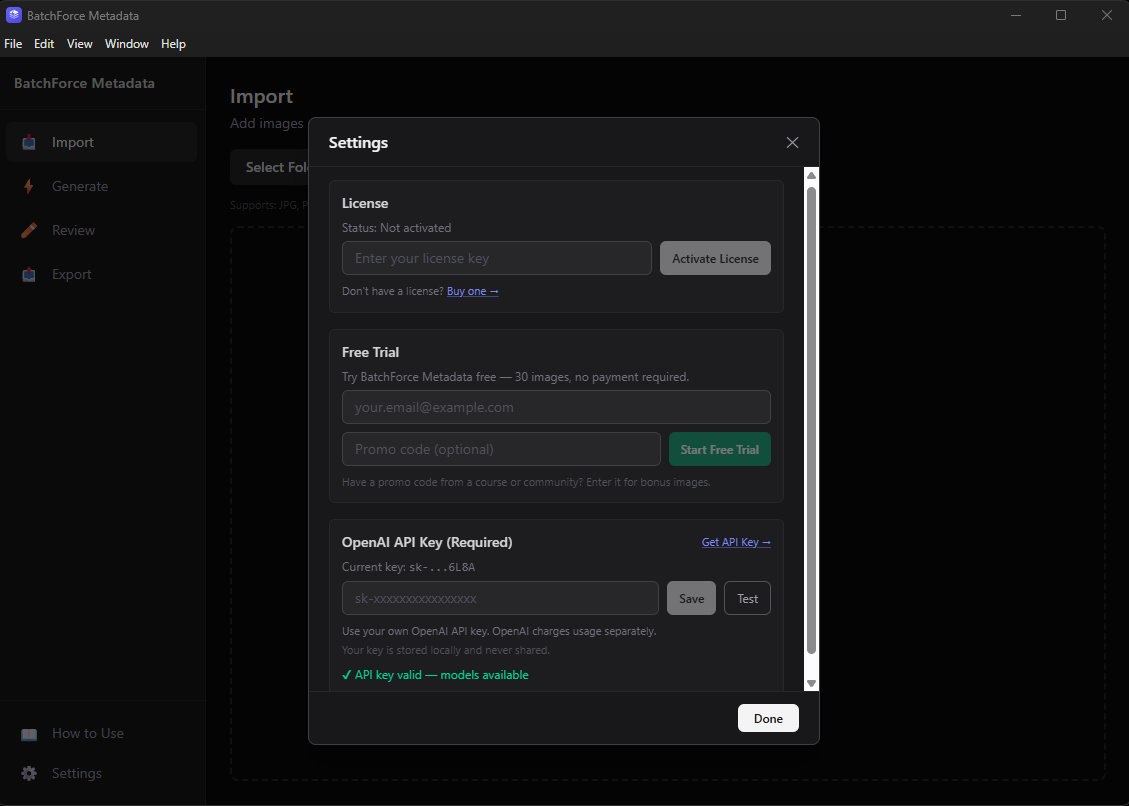 Settings dialog showing License, Free Trial and OpenAI API Key sections