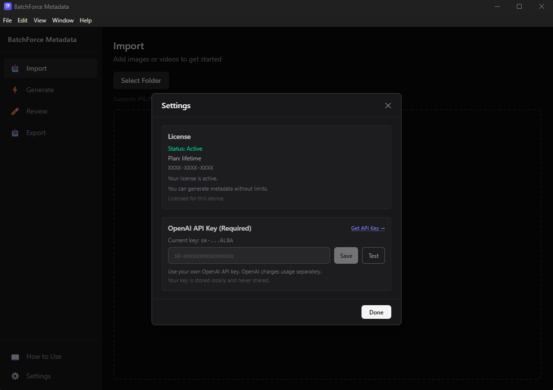Settings dialog after license activation