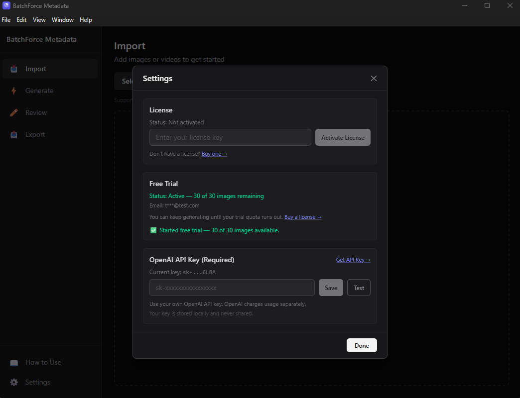 Settings dialog after free trial registration