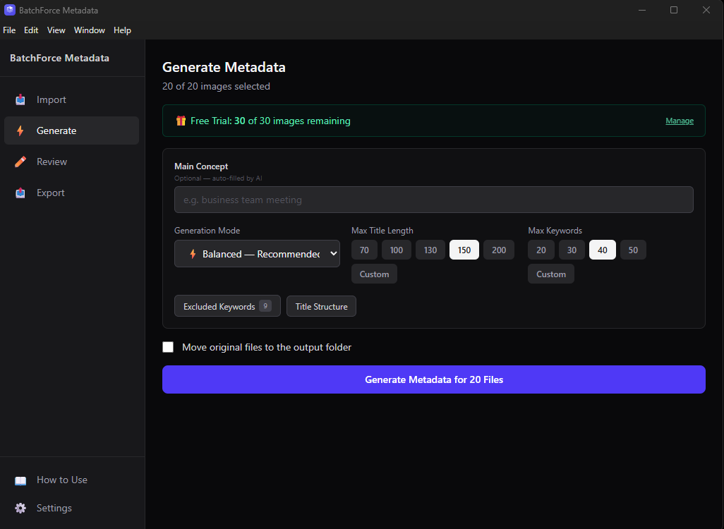 Generate page showing free trial counter