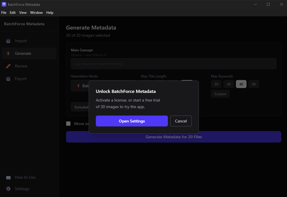 Unlock BatchForce Metadata modal