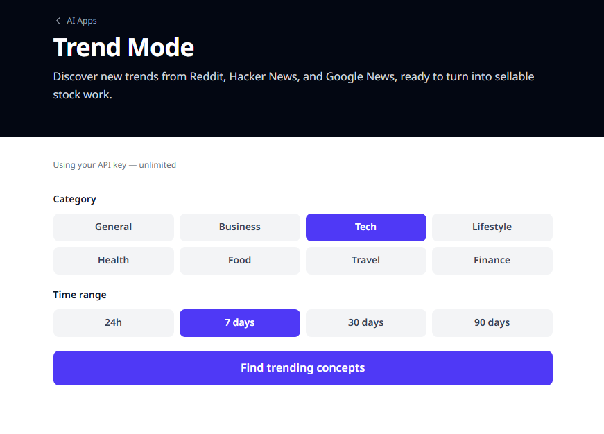 Trend Mode start screen with 8 category options and 4 time-window options