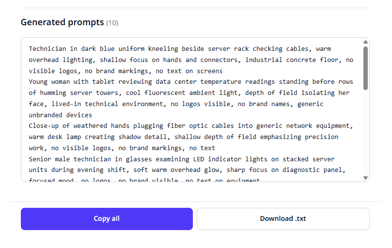 Generated prompts in the output box with Copy all and Download .txt buttons