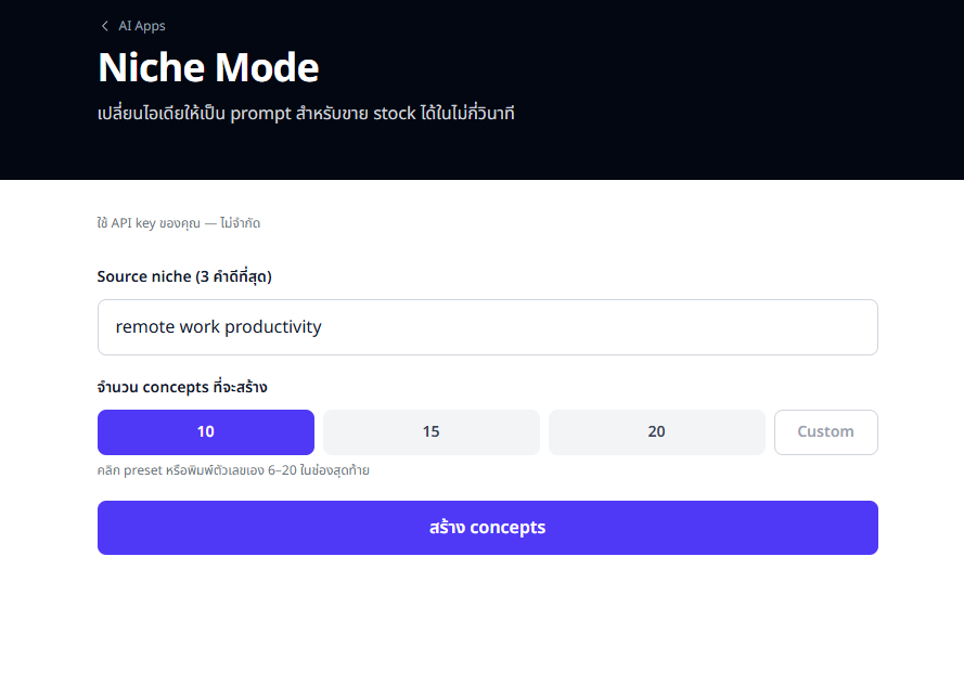 หน้า Niche Mode พร้อมกรอก source niche และเลือก 10 concepts