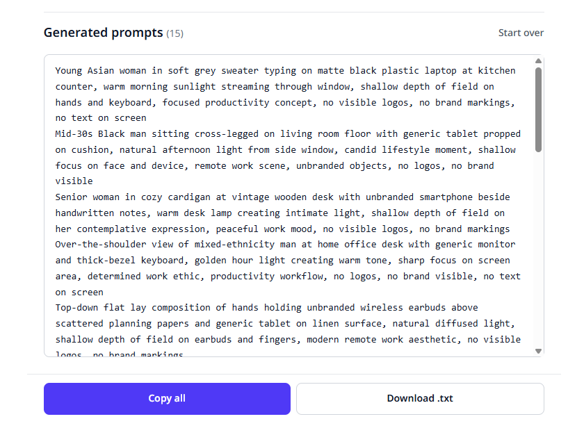 Generated prompts shown in the output box with Copy all and Download .txt buttons