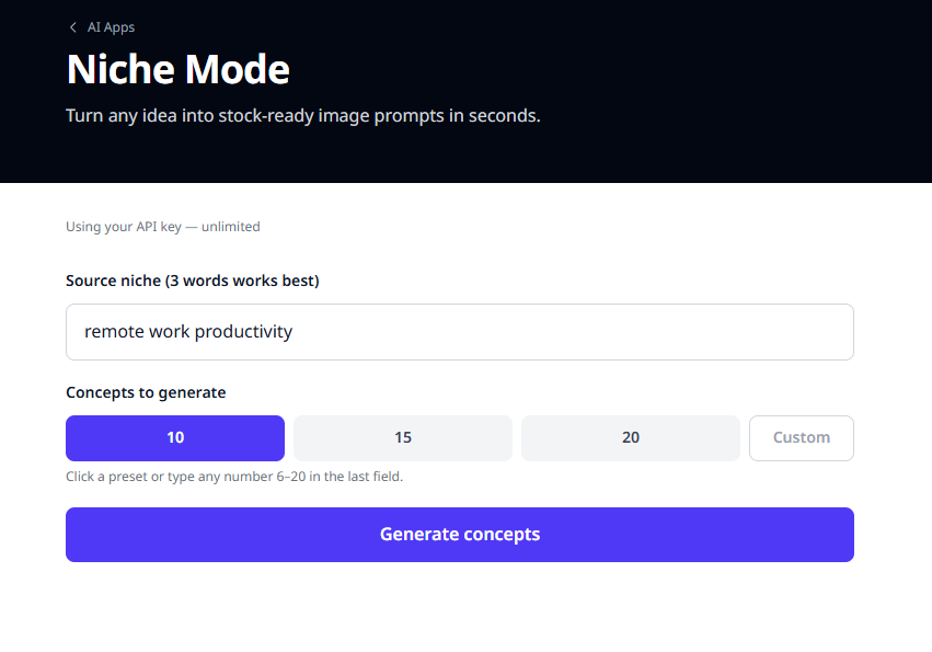 Niche Mode start screen with source niche typed in and 10 concepts selected